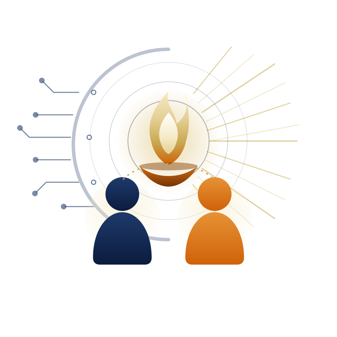 An elder and a youth seated beside the flame of wisdom — a diya within concentric dharma rings